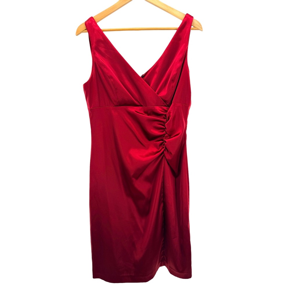 Betsy & Adam Red Satin Ruched Faux Wrap Dress 14 V-Neck Cocktail Prom Evening